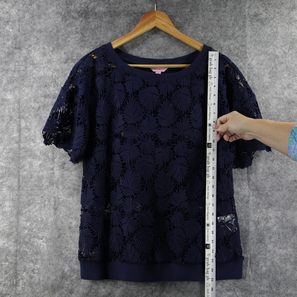 Lilly Pulitzer Shirt Top Womens Small Dark Blue Palm Tree Lace Open Knit - Picture 5 of 10